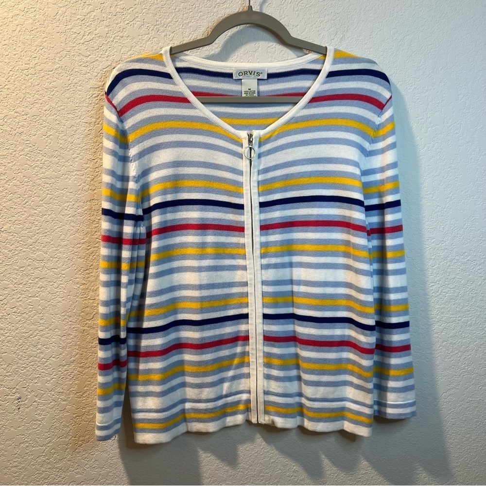 Women’s Orvis multicolor striped zip up cardigan sweater size medium M